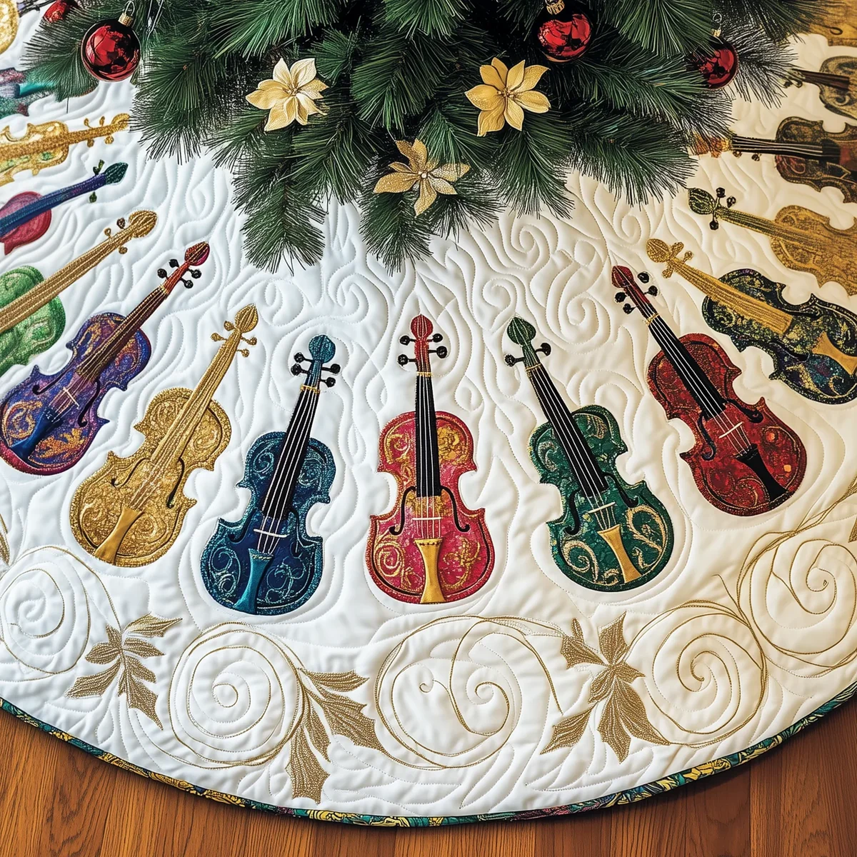 Christmas Elegant Violin Quilted Tree Skirt Christmas Gift