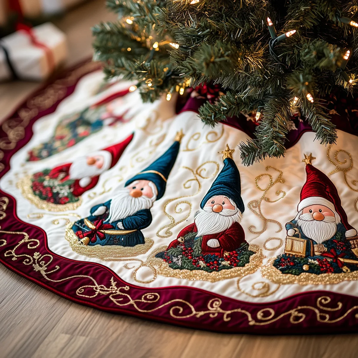 Cheerful Gnomes Quilted Tree Skirt Christmas Gift
