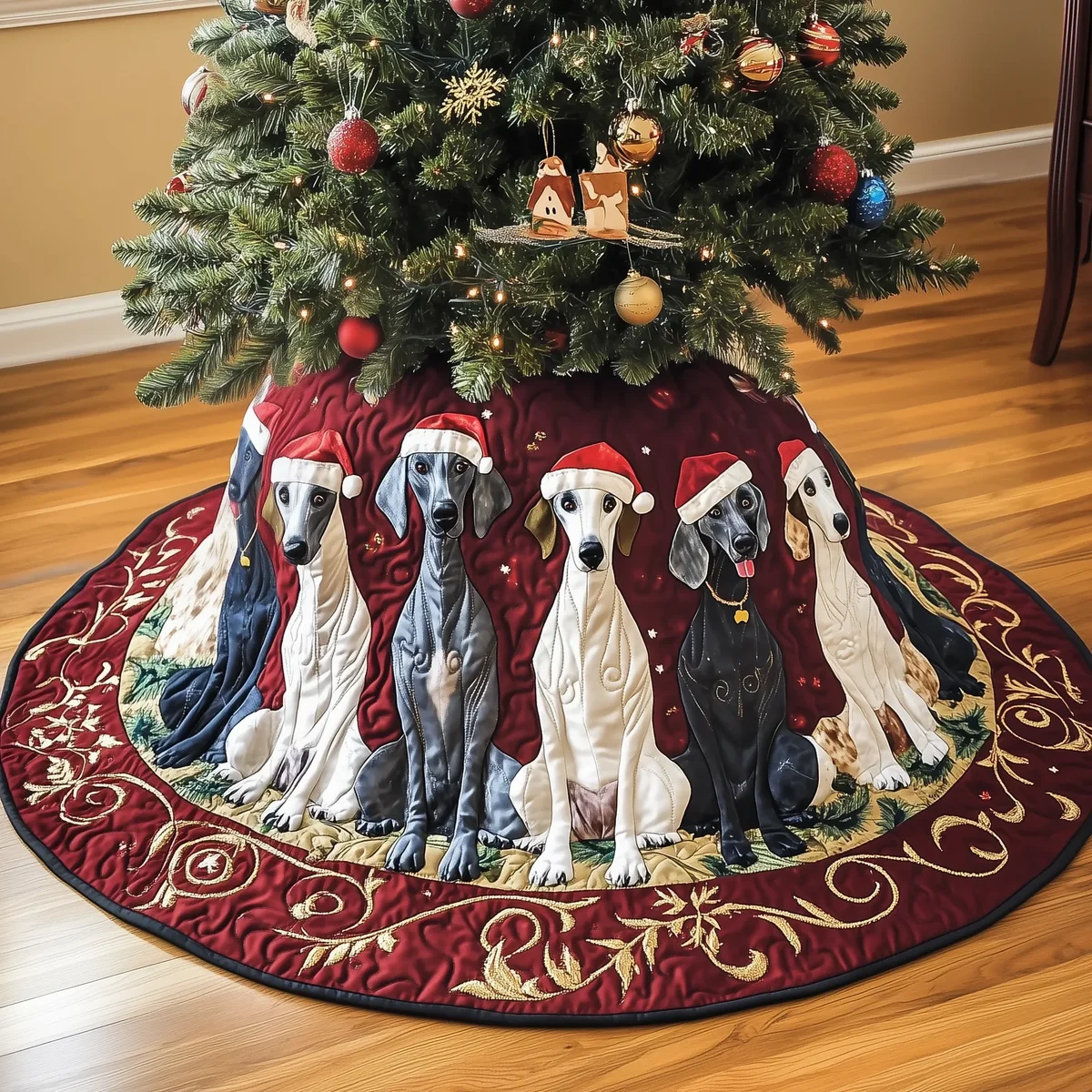 Christmas Greyhound Quilted Tree Skirt Christmas Gift