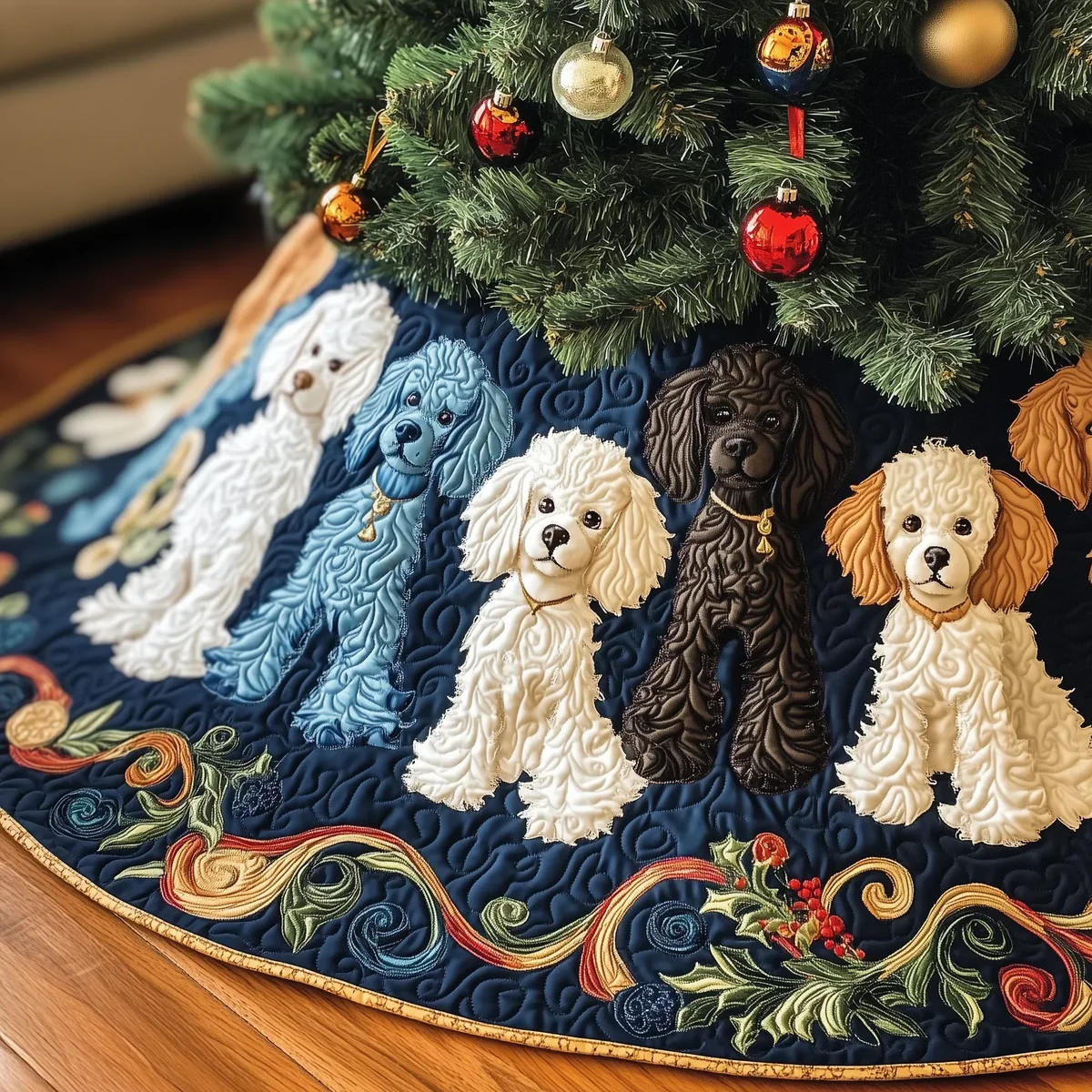 Adorable Poodle Quilted Tree Skirt Christmas Gift