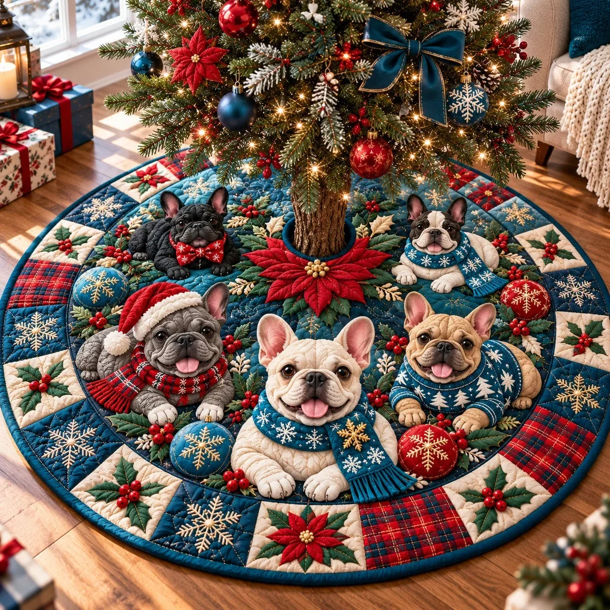 Christmas French Bulldog Cheer Quilted Tree Skirt Christmas Gift