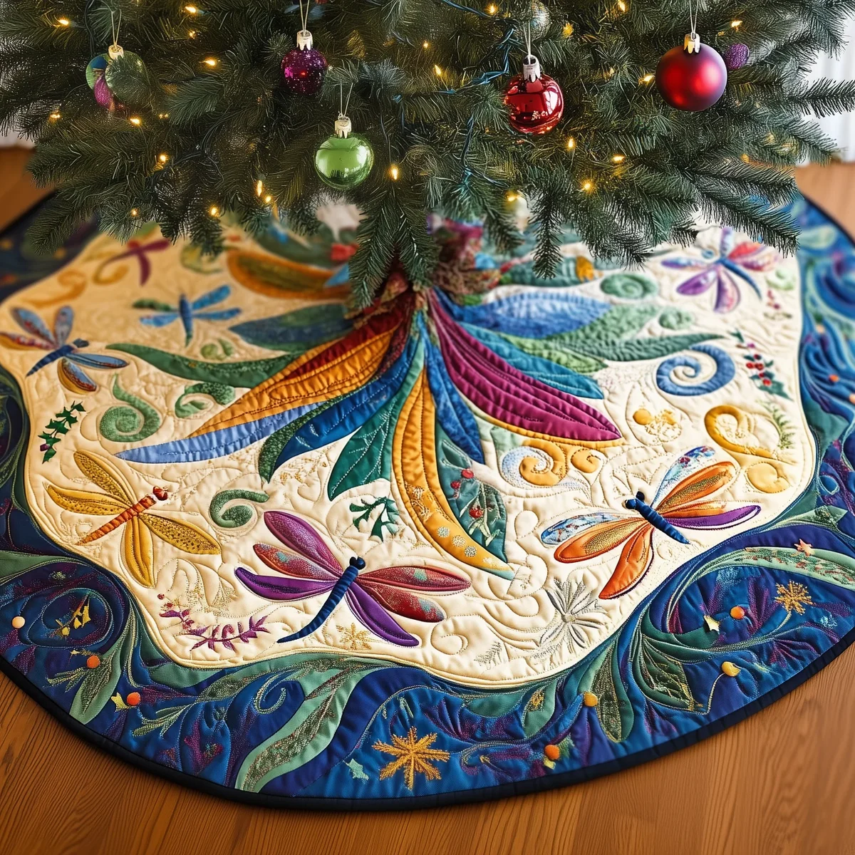 Christmas Dragonfly Quilted Tree Skirt Christmas Gift
