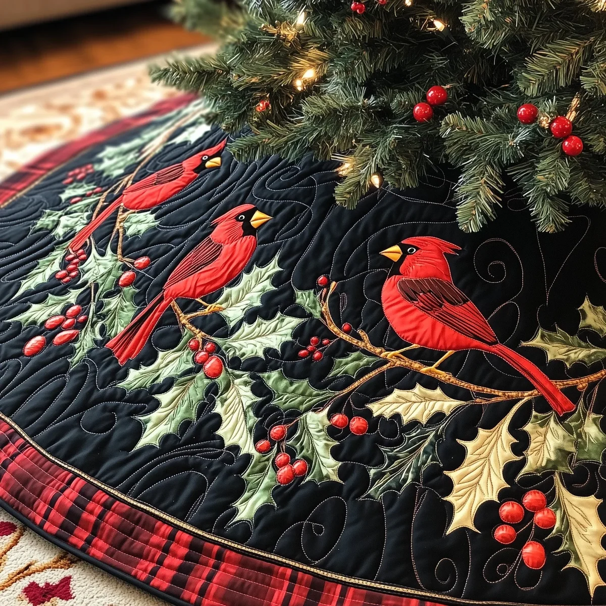 Cardinal Harmony Quilted Tree Skirt Christmas Gift
