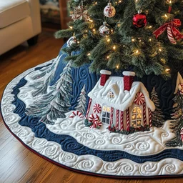 Candy Canes Whimsical House Quilted Tree Skirt Christmas Gift