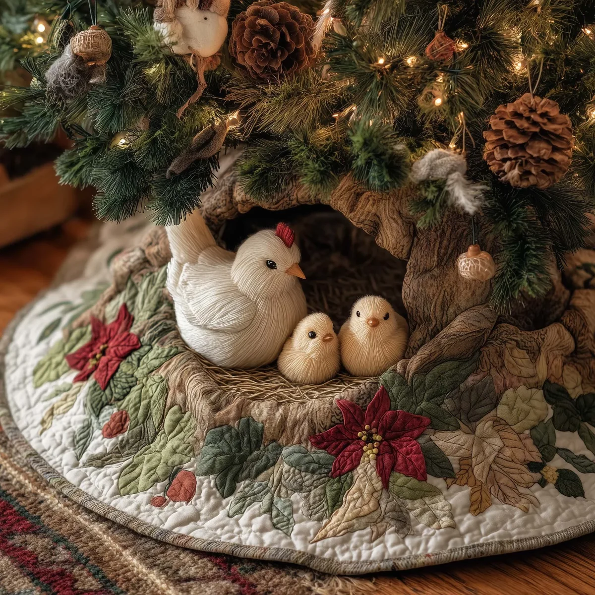 Christmas Hen & Chicks Quilted Tree Skirt Christmas Gift