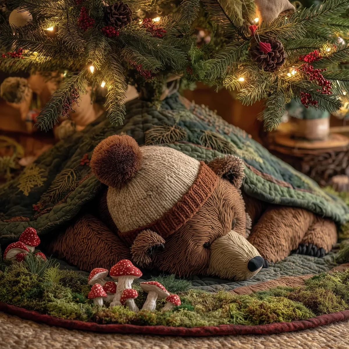 Brown Bear Winter Nap Quilted Tree Skirt Christmas Gift
