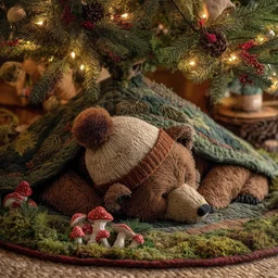 Brown Bear Winter Nap Quilted Tree Skirt Christmas Gift