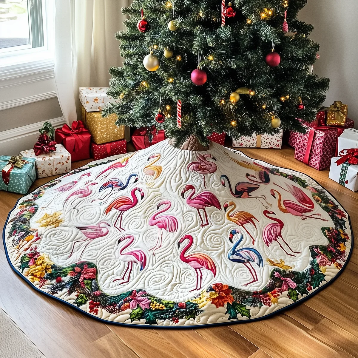Christmas Flamingo Quilted Tree Skirt Christmas Gift