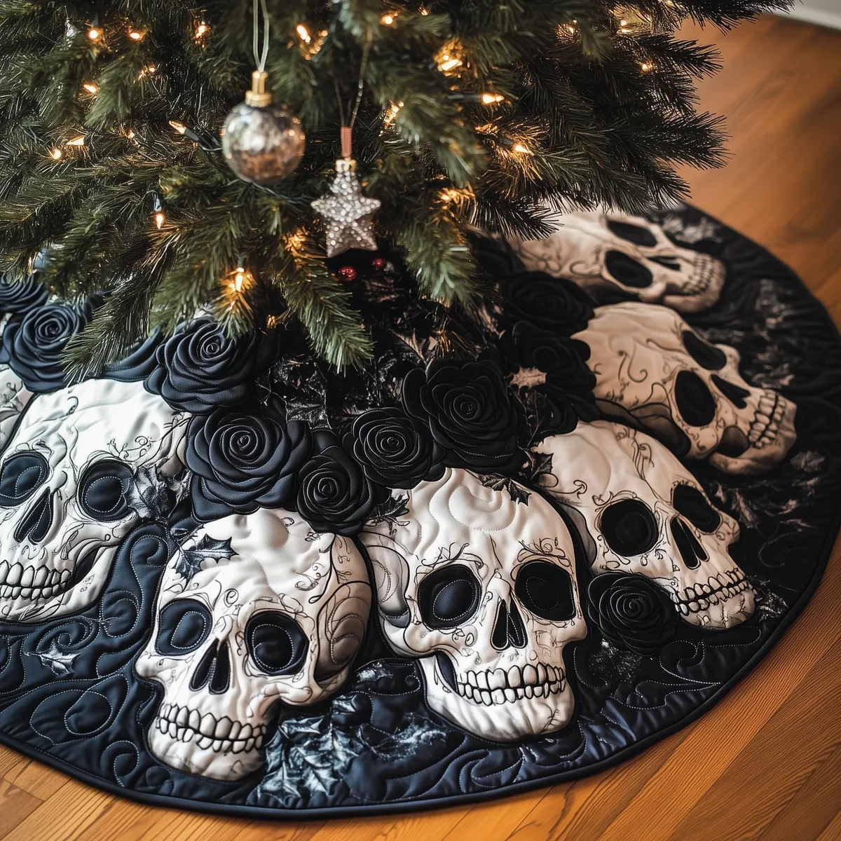 Christmas Black Rose Skull Quilted Tree Skirt Christmas Gift
