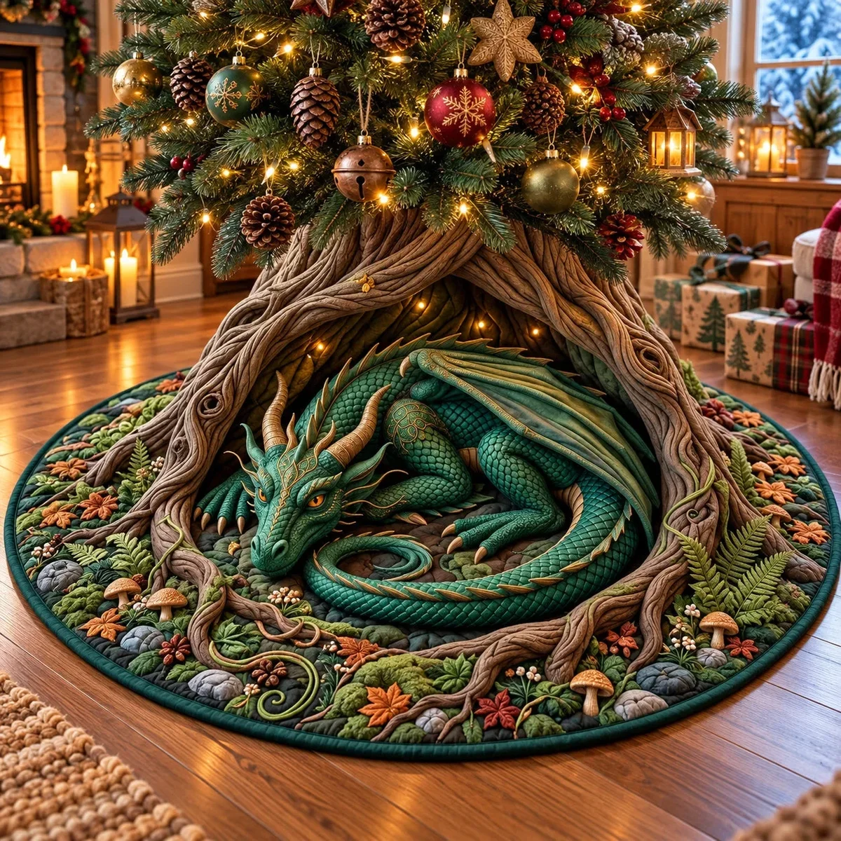 Ancien Tree Sleeping Dragon Quilted Tree Skirt Christmas Gift
