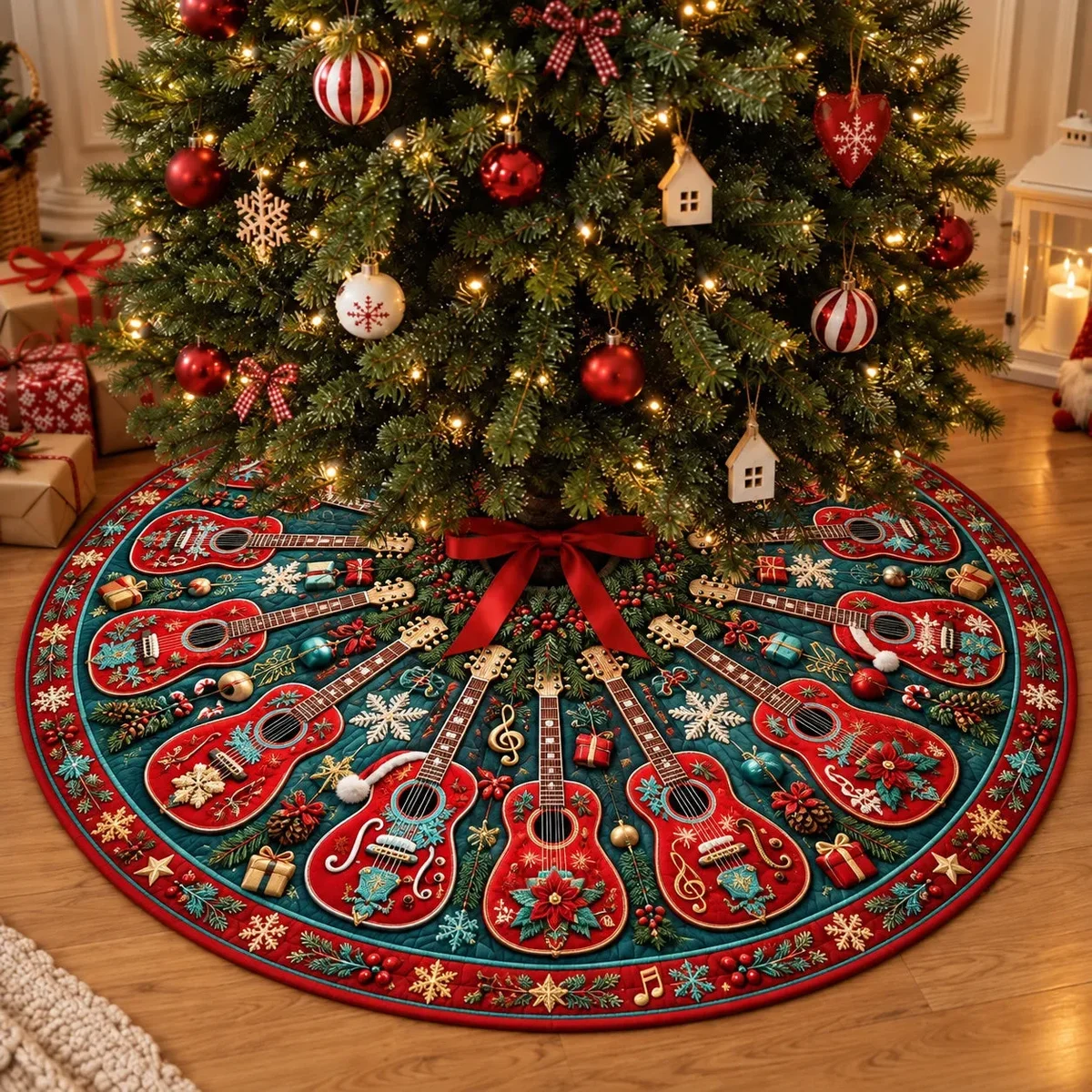 Christmas Guitar Celebration Quilted Tree Skirt Christmas Gift