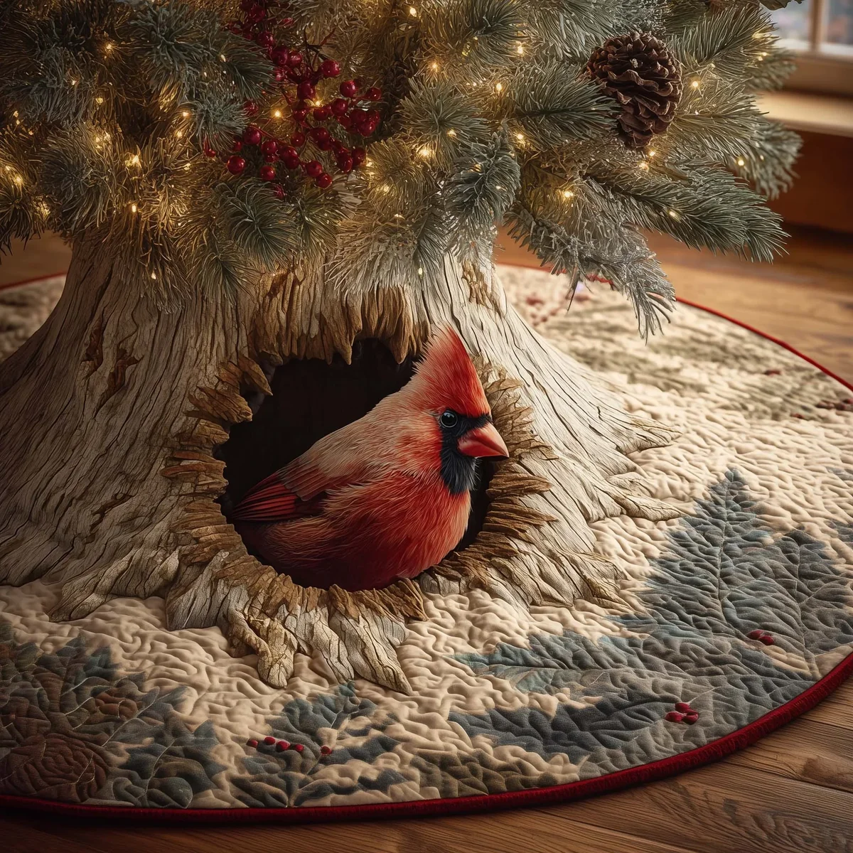 Branch Cardinal Quilted Tree Skirt Christmas Gift