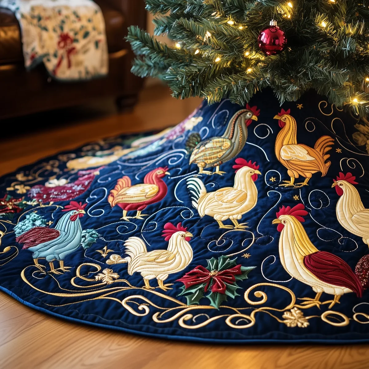 Festive Chicken Quilted Tree Skirt Christmas Gift