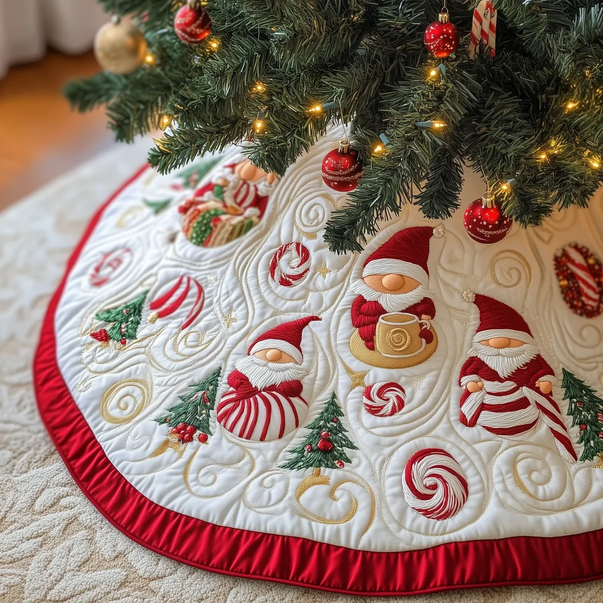 Gnomes Candy Cup Quilted Tree Skirt Christmas Gift