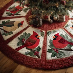 Festive Cardinal Quilted Tree Skirt Christmas Gift