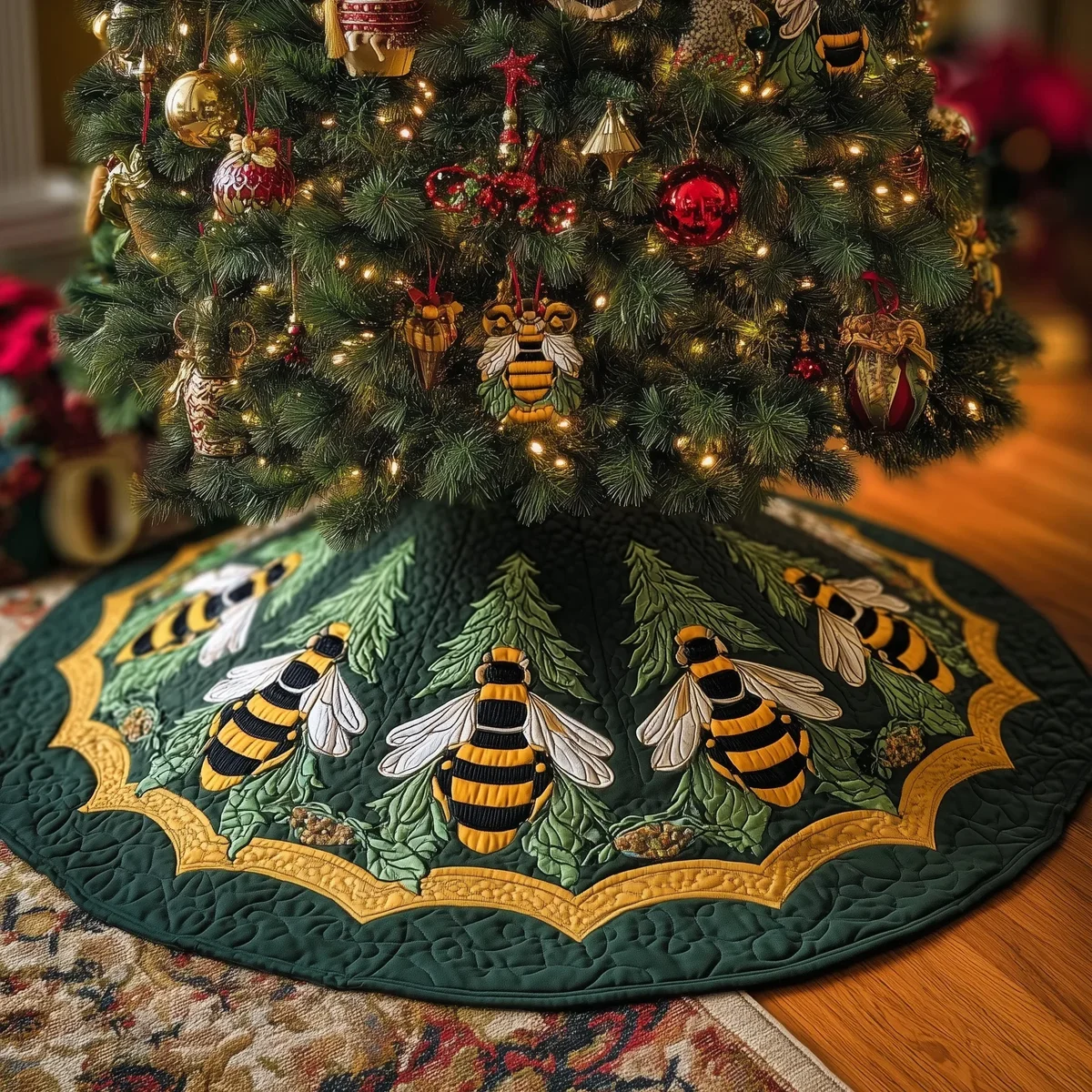 Festive Bee Quilted Tree Skirt Christmas Gift