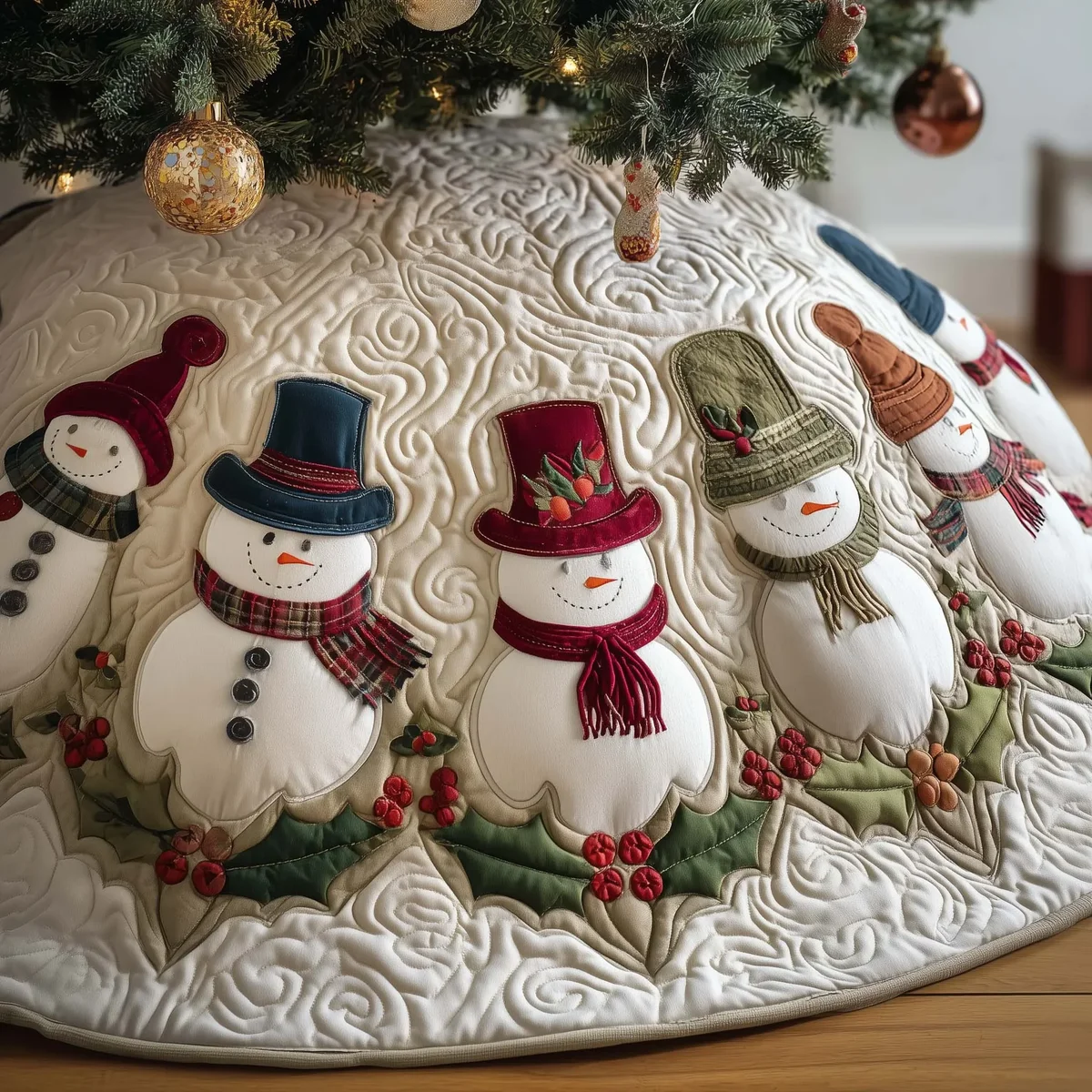 Hatted Snowmen Quilted Tree Skirt Christmas Gift