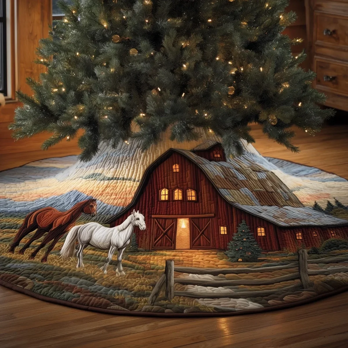 Horse Farm Quilted Tree Skirt Christmas Gift
