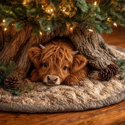 Highland Cow Den Quilted Tree Skirt Christmas Gift