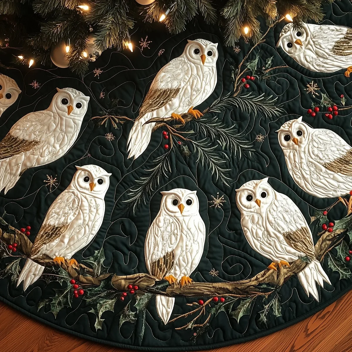 Festive Owl Quilted Tree Skirt Christmas Gift