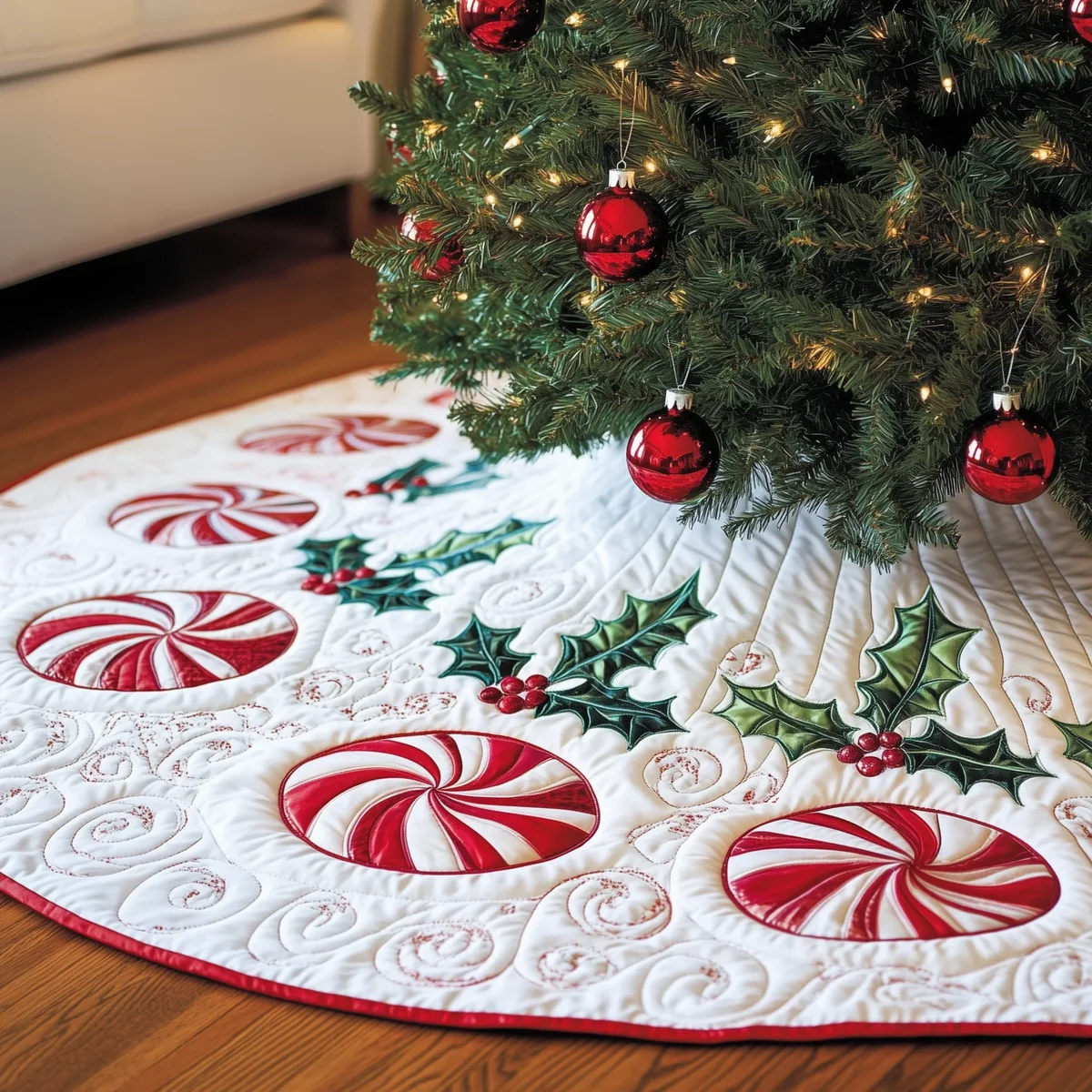 Classic Peppermint Candy Quilted Tree Skirt Christmas Gift
