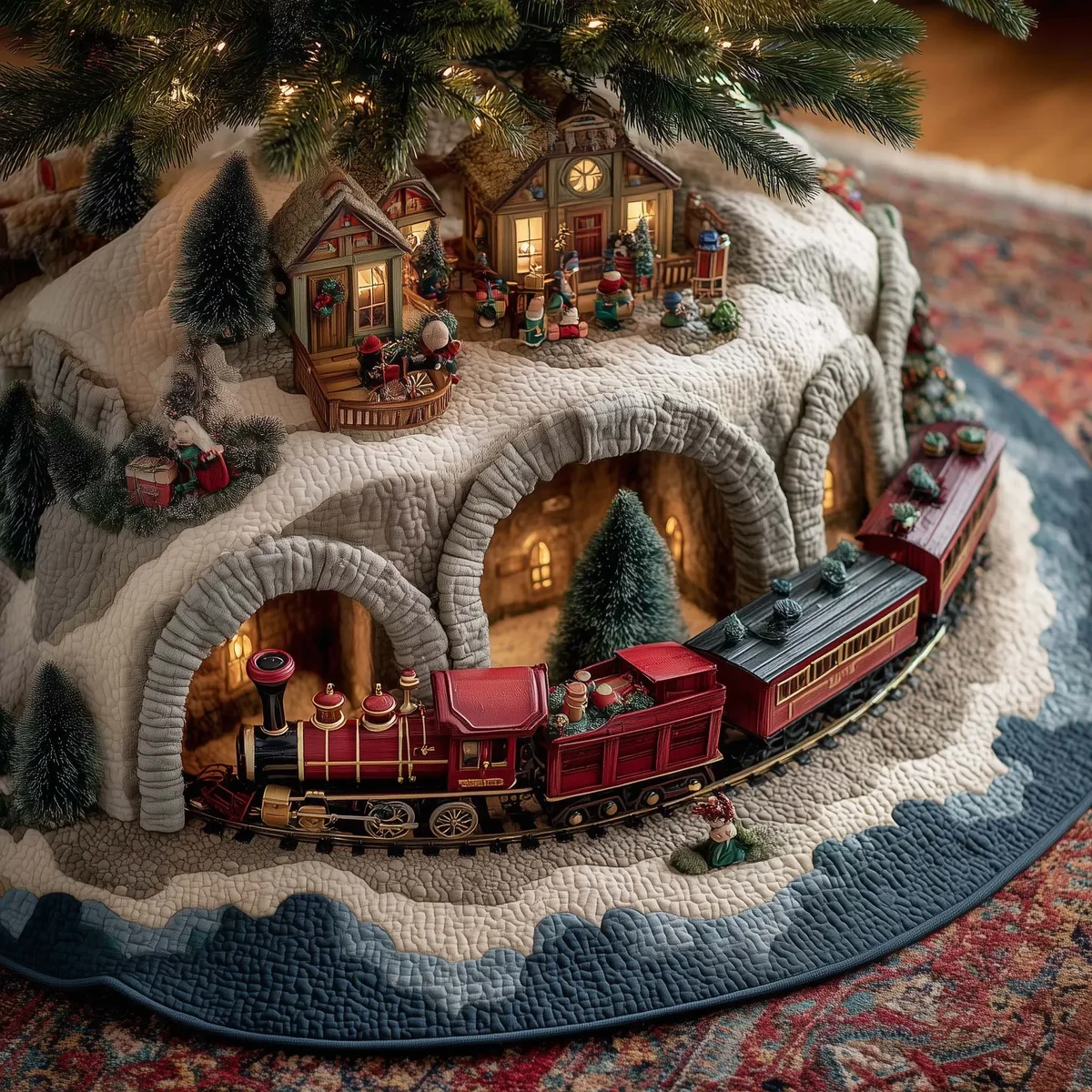 Festive Train Quilted Tree Skirt Christmas Gift