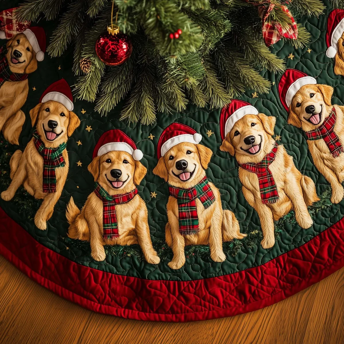 Golden Holiday Quilted Tree Skirt Christmas Gift