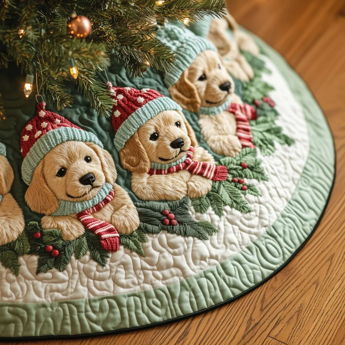 Cozy Puppy Quilted Tree Skirt Christmas Gift