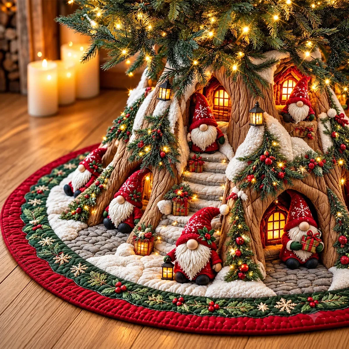 Gnome Cottage Quilted Tree Skirt Christmas Gift
