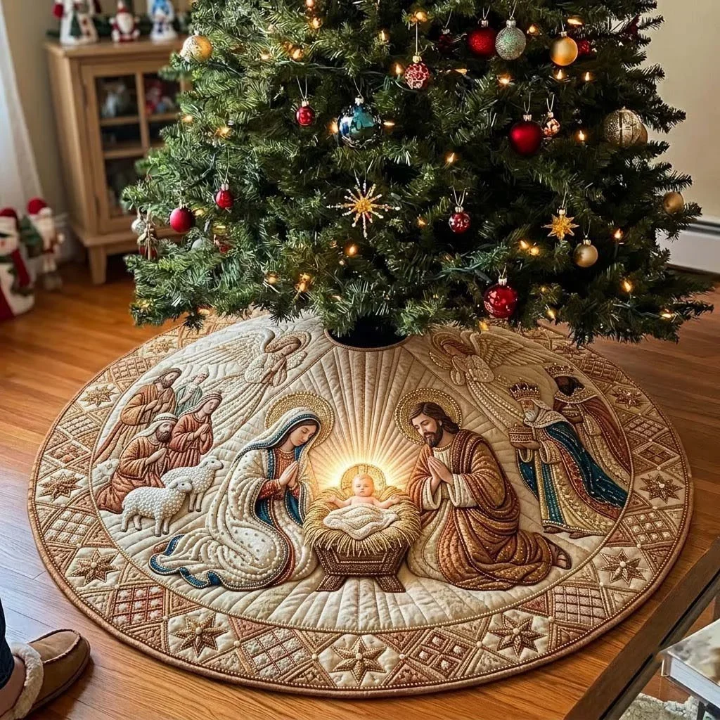Golden Ivory Nativity Quilted Tree Skirt Christmas Gift