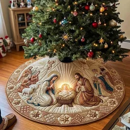 Golden Ivory Nativity Quilted Tree Skirt Christmas Gift
