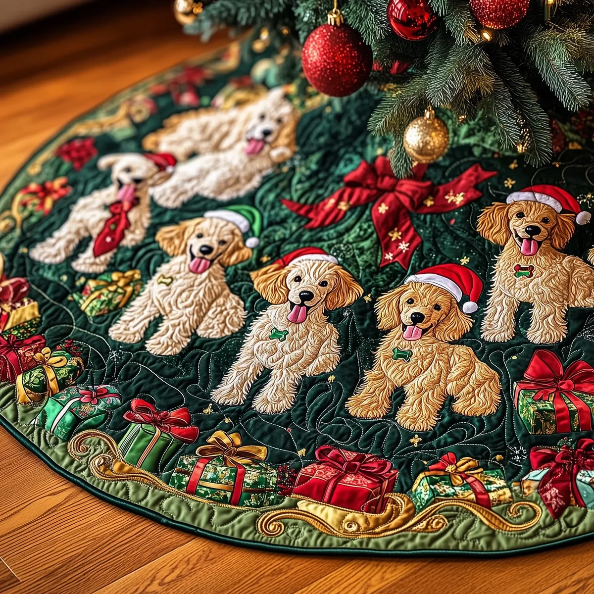 Christmas Poodle Cheer Quilted Tree Skirt Christmas Gift