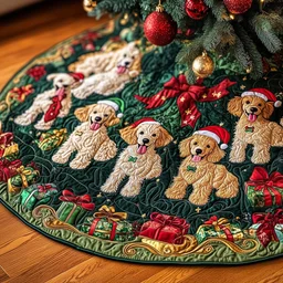 Christmas Poodle Cheer Quilted Tree Skirt Christmas Gift