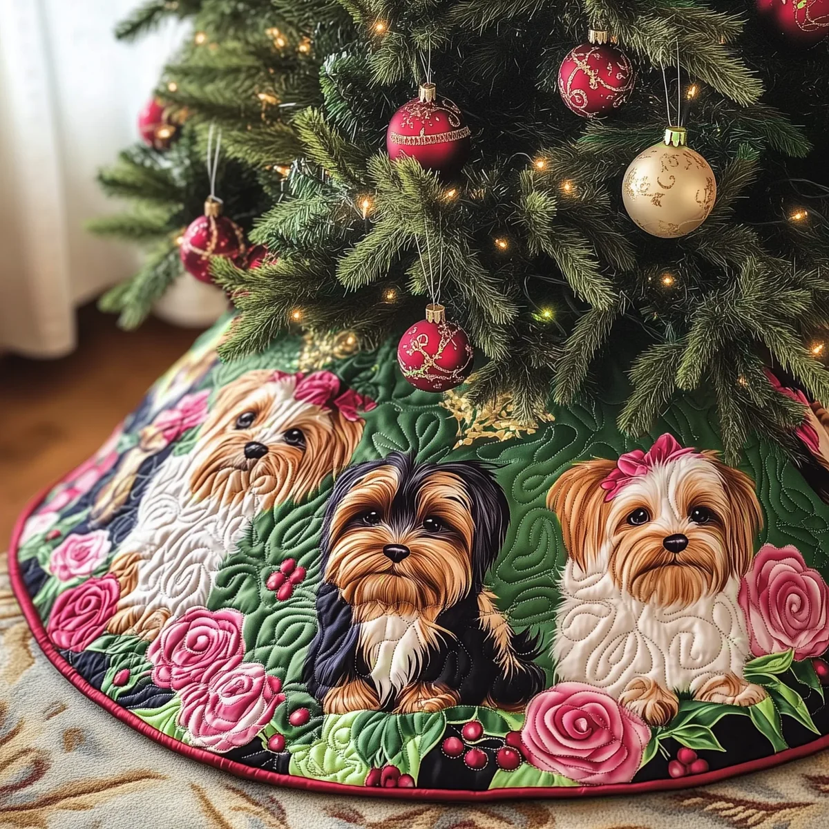 Christmas Yorkshire Terrier Quilted Tree Skirt Christmas Gift