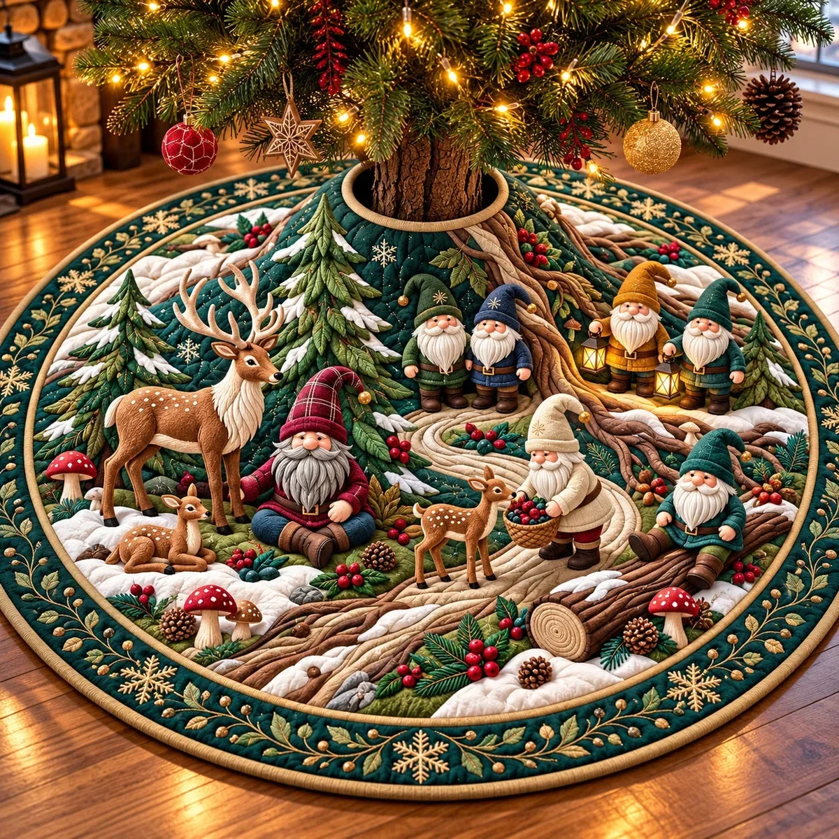 Gnome And Reindeer Forest Quilted Tree Skirt Christmas Gift