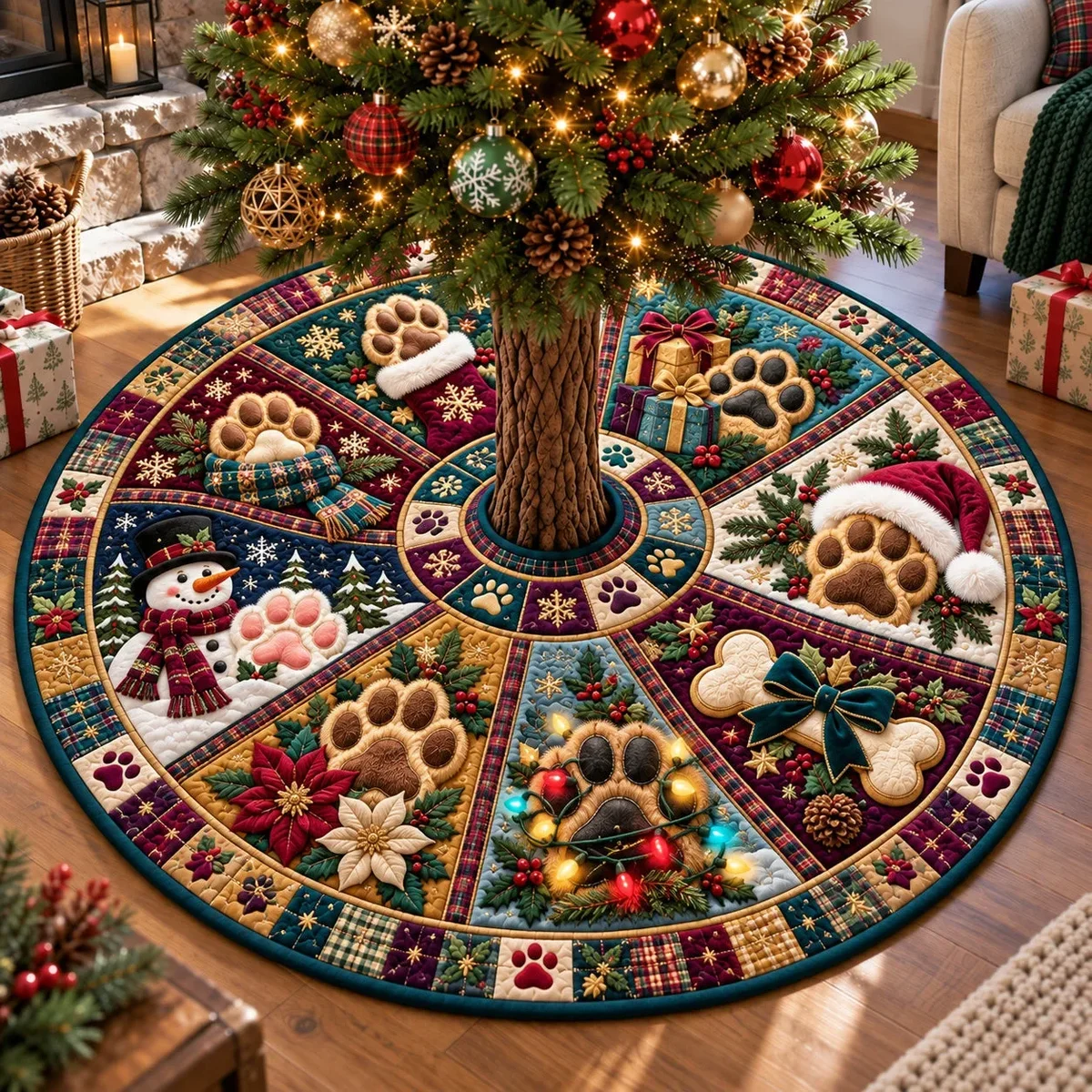 Festive Paws And Snowflakes Quilted Tree Skirt Christmas Gift