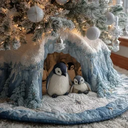 Cozy Penguin Family Quilted Tree Skirt Christmas Gift