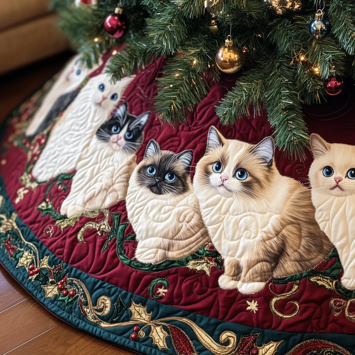 Christmas Ragdoll Cat Quilted Tree Skirt Christmas Gift