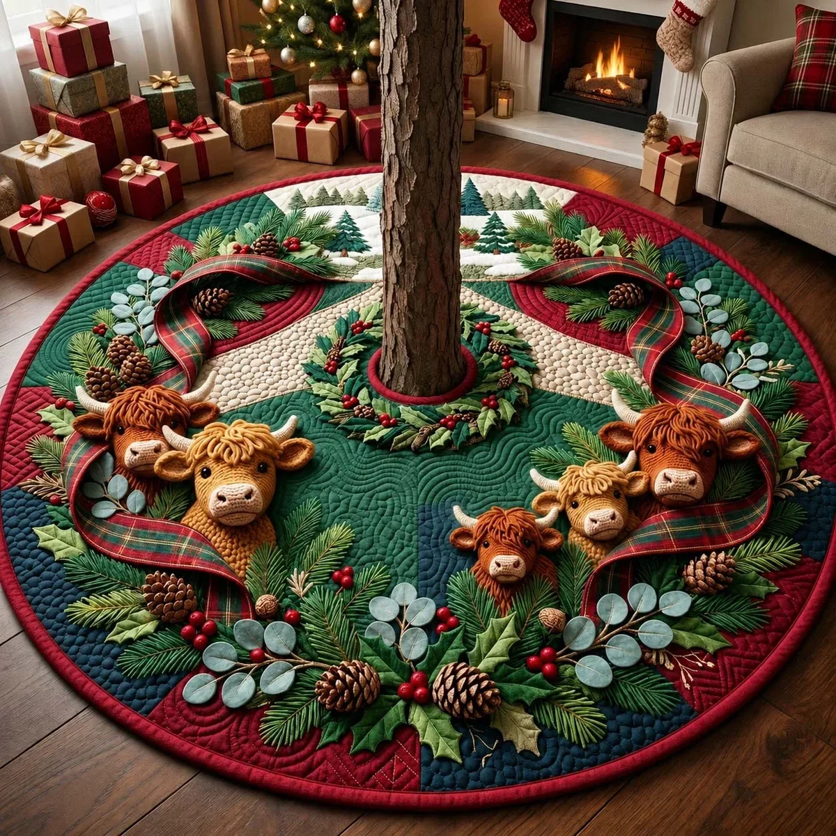 Highland Christmas Pasture Quilted Tree Skirt Christmas Gift