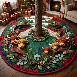 Highland Christmas Pasture Quilted Tree Skirt Christmas Gift