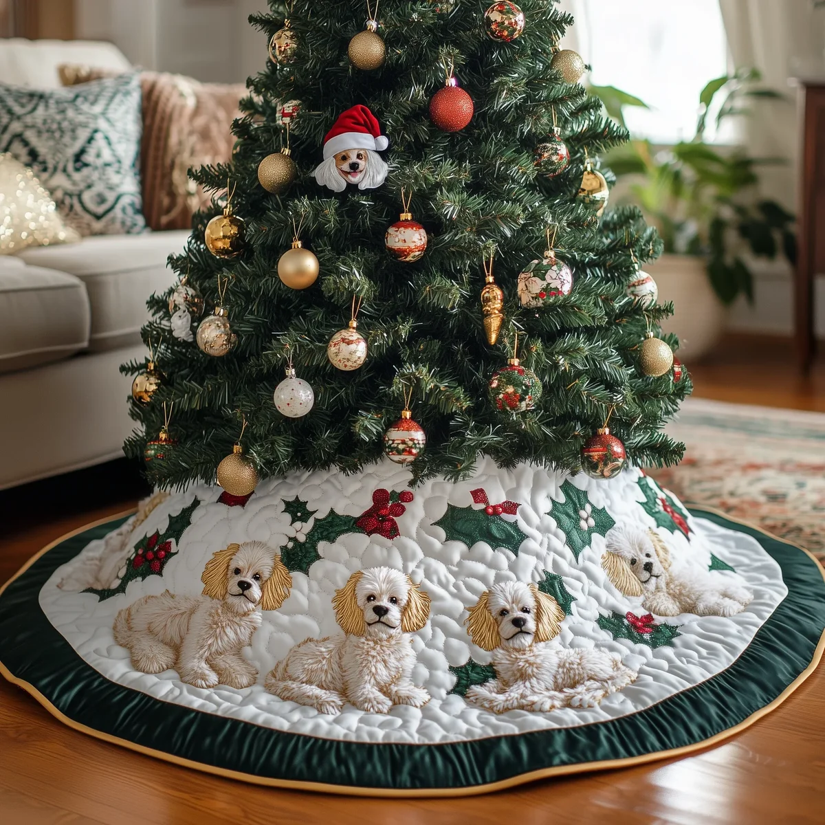 Christmas Poodle Quilted Tree Skirt Christmas Gift