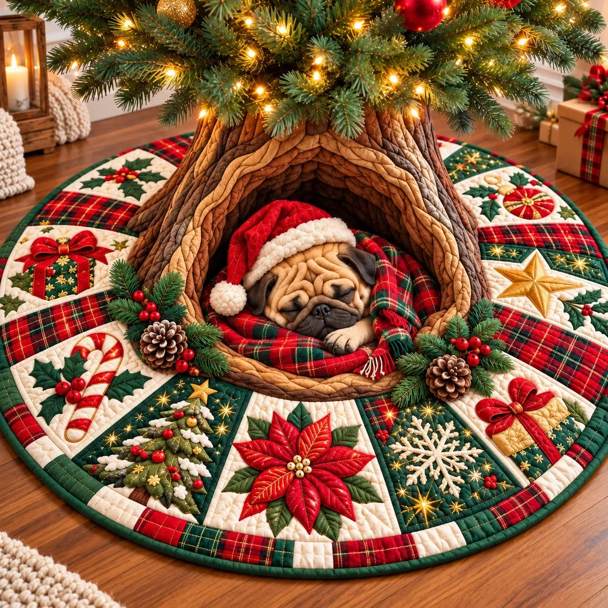 Christmas Pug Cheer Quilted Tree Skirt Christmas Gift