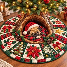 Christmas Pug Cheer Quilted Tree Skirt Christmas Gift