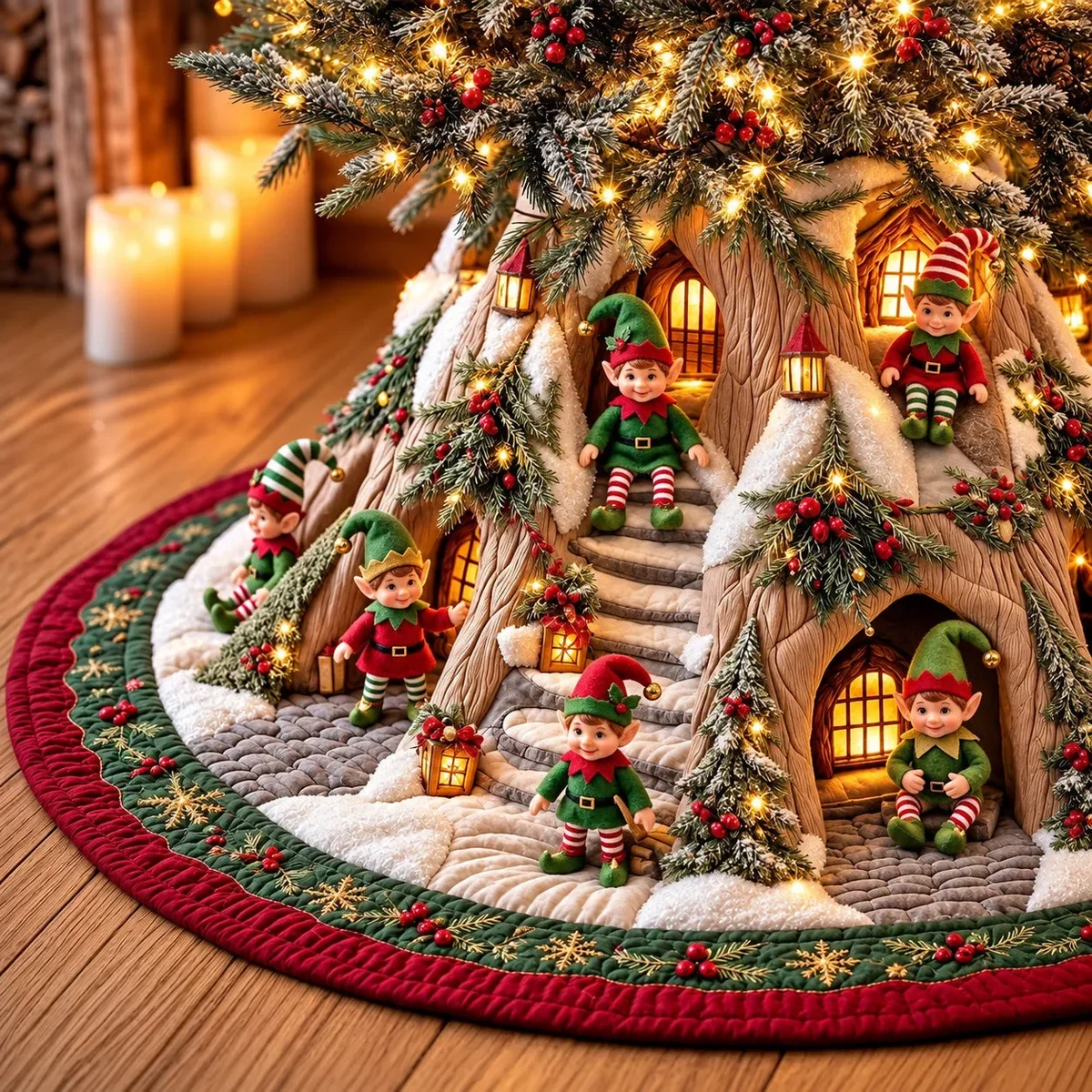 Elf Village Quilted Tree Skirt Christmas Gift