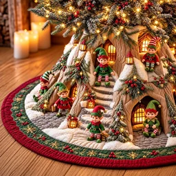 Elf Village Quilted Tree Skirt Christmas Gift