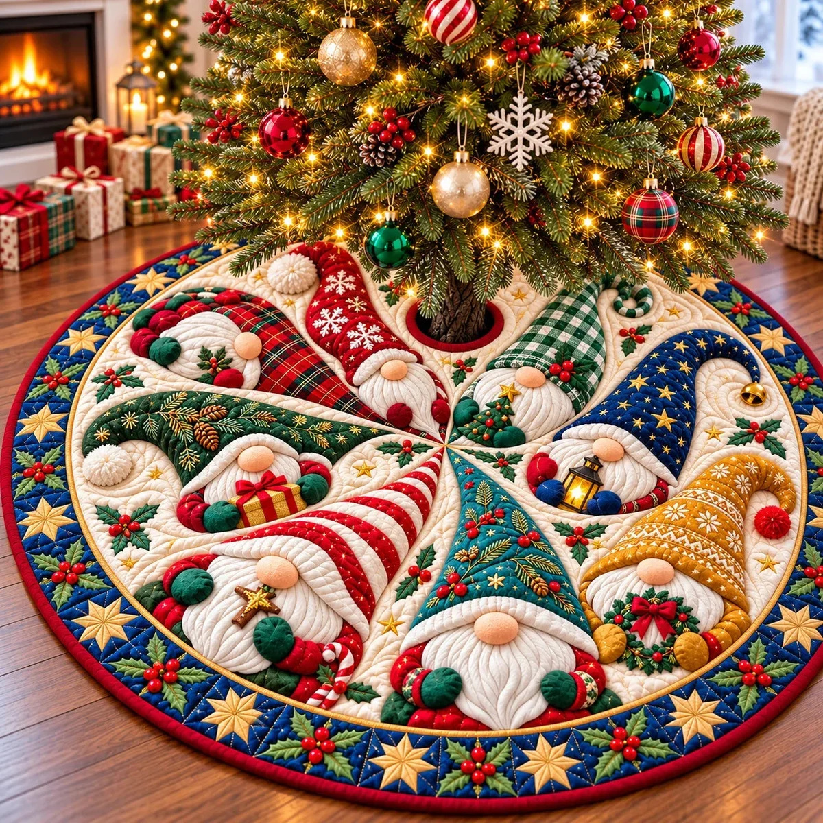 Gnomes Garden Party Quilted Tree Skirt Christmas Gift