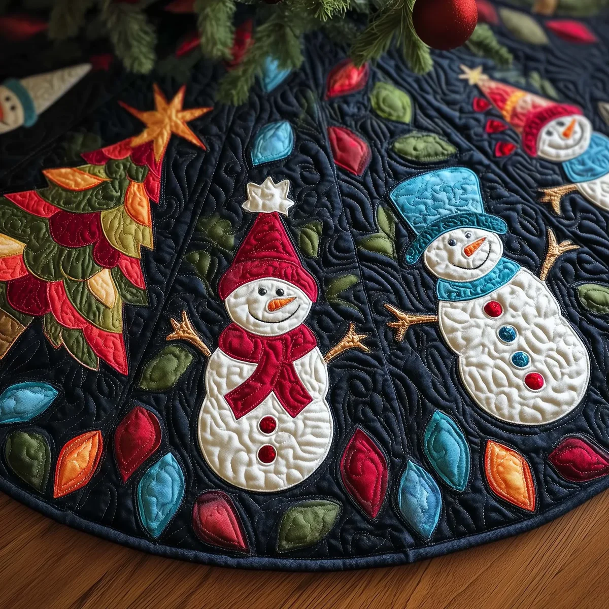 Colorful Snowmen Quilted Tree Skirt Christmas Gift