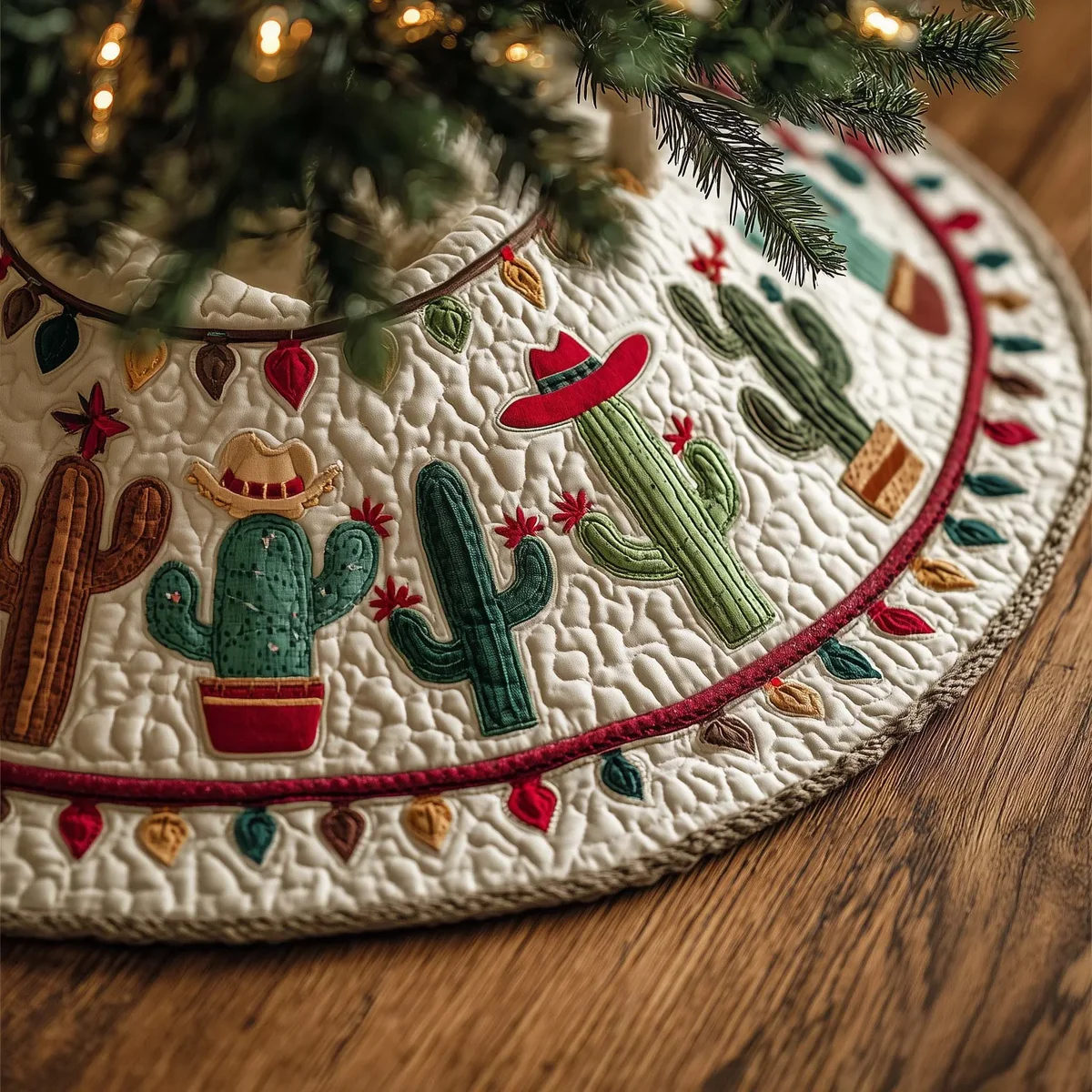 Festive Cactus Quilted Tree Skirt Christmas Gift