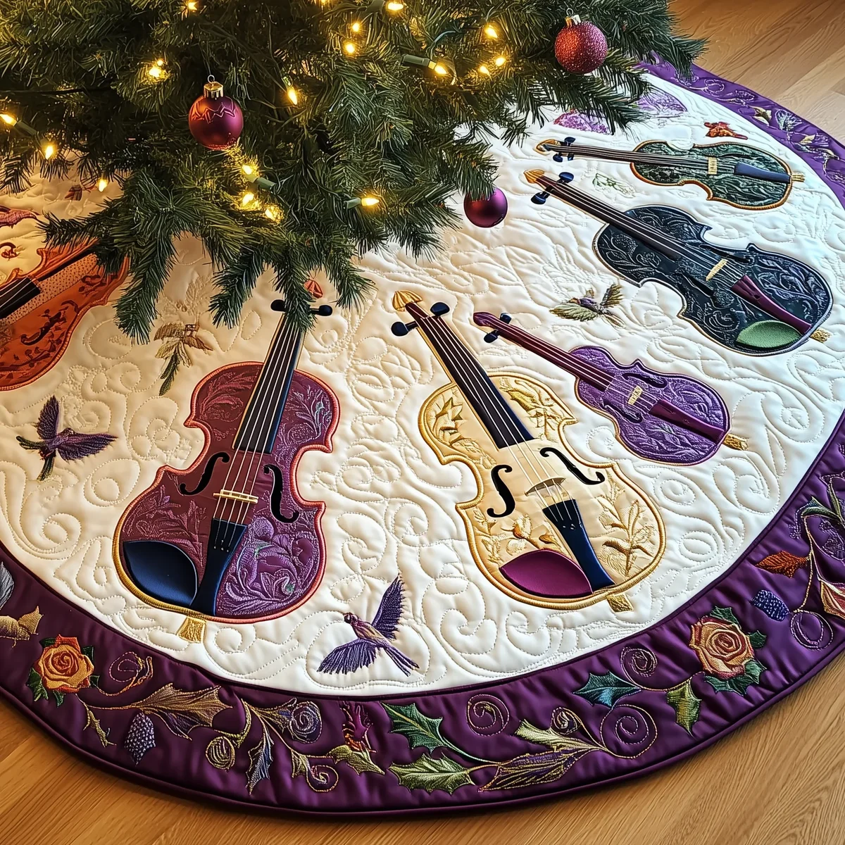 Festive Purple Violins Quilted Tree Skirt Christmas Gift