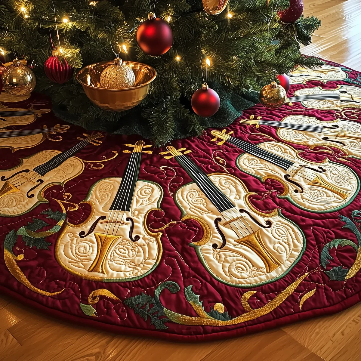 Festive Violins Quilted Tree Skirt Christmas Gift